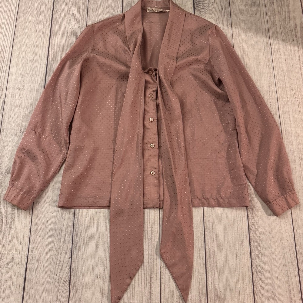 Vintage Lady Manhattan Women's 12 Dusty Rose Swiss Dot Secretary Tie Neck Blouse